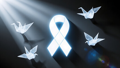 Abstract artistic composition featuring a glowing cancer awareness ribbon badge suspended mid-air surrounded by floating translucent origami cranes  