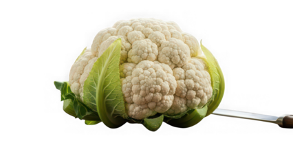Photo of fresh cauliflower with leaves and knife on transparent background isolated on transparent background