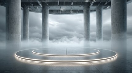 Obraz premium Elegant Product Showcase Platform with Concrete Pillars and Atmospheric Cloudy Backdrop