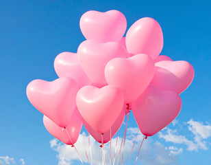 ピンク色のハートのバルーン　かわいい風船　バレンタイン　お祝い　青空の背景