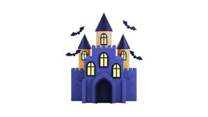 Halloween Castle with Bats Flying on White Background