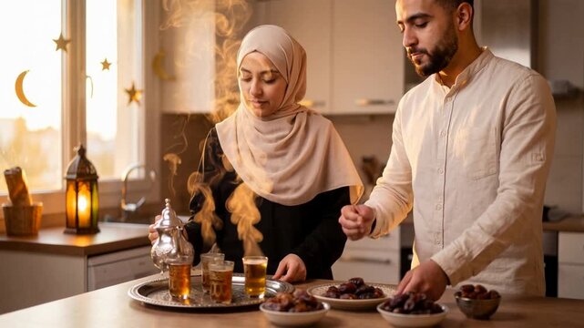 Happy muslim couple preparing tea and dates for Ramadan in warm kitchen with traditional decoration
