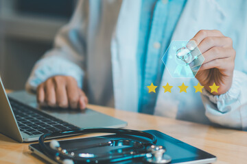 Doctor use laptop and digital five star rating badge to represent trusted healthcare service, patient satisfaction, medical quality assurance, clinical excellence, safety standards, professional care.
