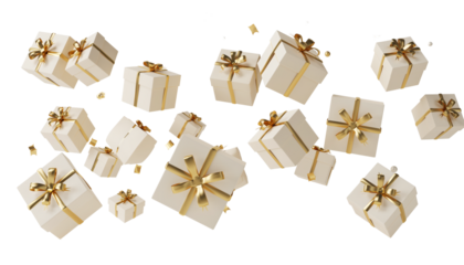Luxury Set of Floating White Gift Boxes with Gold Ribbons and Bows, Festive Present Boxes with Confetti Isolated on Transparent Background