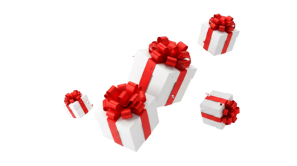 Set of Floating White Gift Boxes with Big Red Bows and Ribbons, Festive Present Boxes with Confetti Isolated on Transparent Background