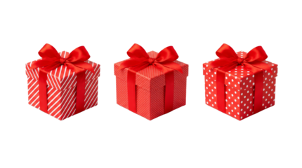 Set of Three Red Gift Boxes with Ribbon and Bow, Stripe and Polka Dot Pattern Wrapped Presents Isolated on Transparent Background