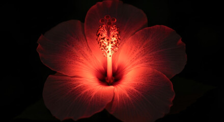 Vibrant red hibiscus flower illuminated against a dark background, showcasing intricate petal details