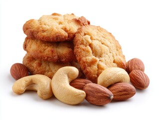 Tasty cashew cookies and nuts isolated on white background