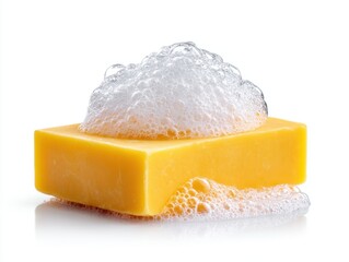Yellow Soap bar with foam isolated on white background