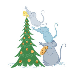 Illustration of mice decorating a Christmas tree