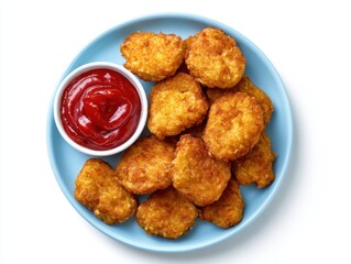 Tasty chicken nuggets with ketchup on Light blue plate isolated on white background, top view