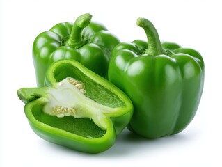Cut and whole fresh green bell peppers isolated on white background
