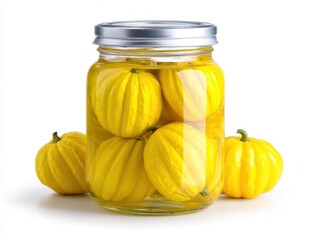 Pickled patty pan squashes in glass jar isolated on white background
