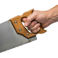 Product Shot of Human Hand Gripping Traditional Woodworking Hand Saw Isolated on White