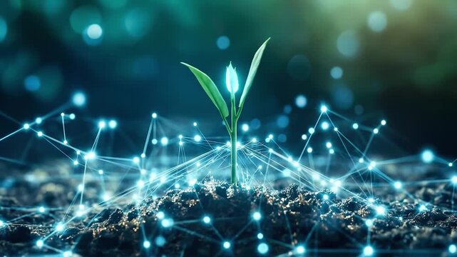 Small plant growing from dark soil with glowing connections, showing technological advancements in agriculture