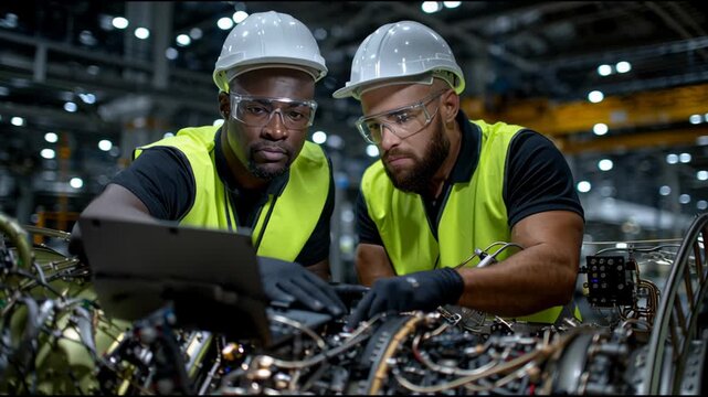 Two men in safety gear are working on a machine. One of them is using a tablet to help with the repair