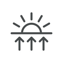 Sunrise Weather Icon. Thin Line Sun on Horizon with Upward Arrows Illustration for Morning Forecast, Atmospheric Warming and Daybreak Conditions. Isolated Outline Vector Symbol, Editable Pictogram