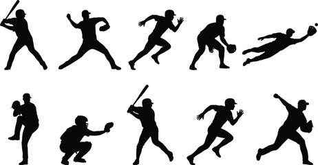 Baseball player silhouette set showing batting, pitching, running, fielding actions, dynamic sports poses isolated for design and training