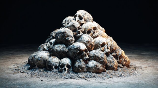 Skulls are stacked together in a dark space with rough surfaces and shadows