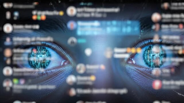 Close up reflection of eyes in smartphone screen scrolling social media feeds. Technology addiction and obsession