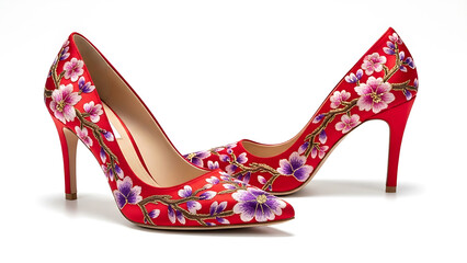 Pair of red embroidered floral pattern high heel pointed shoes on white background