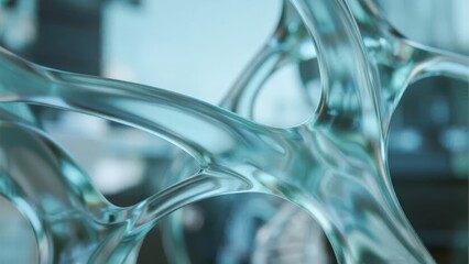Abstract close-up of transparent, interconnected glass-like structures with smooth, flowing forms and reflective surfaces.