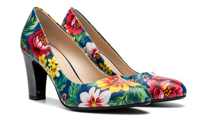 Pair of colorful floral pattern high heel court shoes on a white isolated background