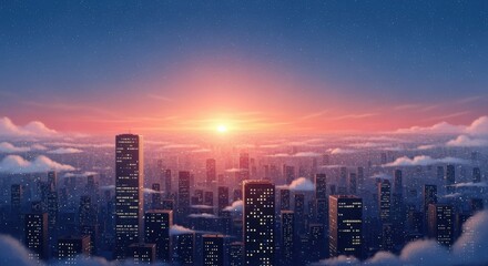 Fototapeta premium Cityscape Sunrise Painting: High-Rise Buildings with Pink Sky and Clouds, Urban Scenery