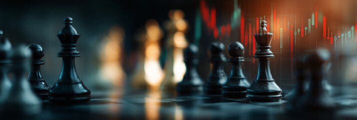 Chess pieces on board with financial graphs overlay. Business strategy concept, decision making, competitive analysis, investment planning visualized through strategic game setup, market data