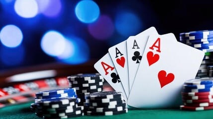 Four playing cards featuring three aces and a stack of poker chips rest on a green felt surface, complemented by colorful bokeh lights in the background.