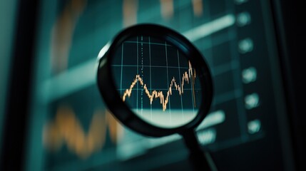 A close-up through a magnifying glass reveals a fluctuating line graph, set against a blurred backdrop of digital interfaces.