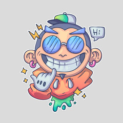 A quirky cartoon character with large ears, pink earrings, a green hat, and an orange hoodie, saying 'Hi'. Cartoon vector character. Trendy style. Vector illustration.