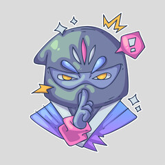 A masked character with a finger to the lips, surrounded by symbols, suggesting secrecy or silence. Cartoon vector character. Trendy style. Vector illustration.