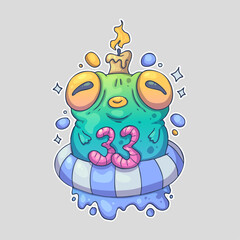 A colorful cartoon frog with a candle on its head, sitting on a striped float, with the number 33 in pink. Cartoon vector character. Trendy style. Vector illustration.