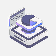 Isometric 3D data chart with dashboard UI elements in modern blue and purple tones.