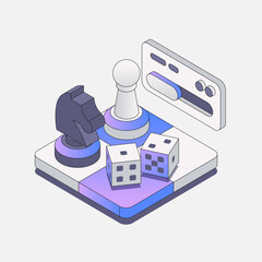 Isometric game concept with chess pieces, dice, and UI controls on a colorful platform.