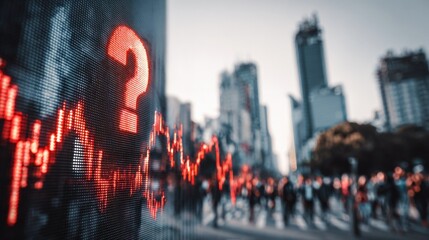 Financial Uncertainty Displayed: Red Question Mark and Stock Market Chart Overlaying Urban Cityscape