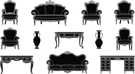 Collection of classic black antique furniture silhouettes ideal for luxury hotel or interior design presentation materials.