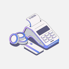 Isometric finance illustration with credit card, coins, and electronic payment terminal.