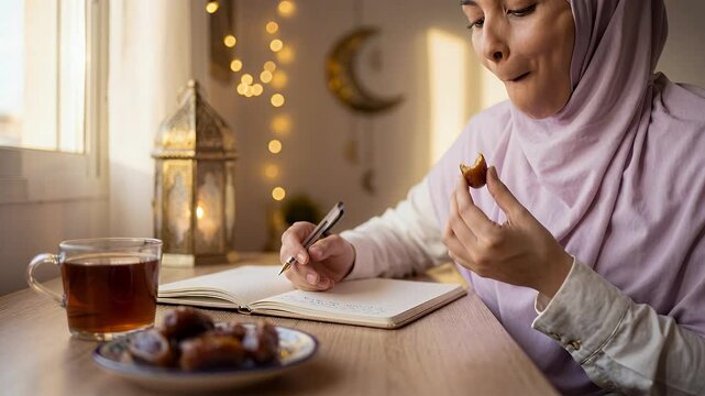 Muslim woman in a hijab writing in a journal while breaking the fast with dates during Ramadan