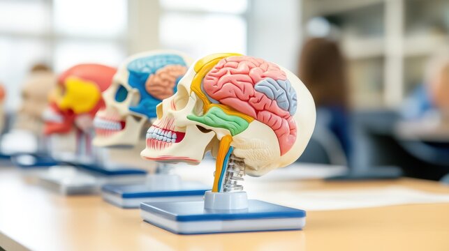 The image showcases anatomical skull models displaying detailed brain and facial structures, arranged on a table in a learning environment.