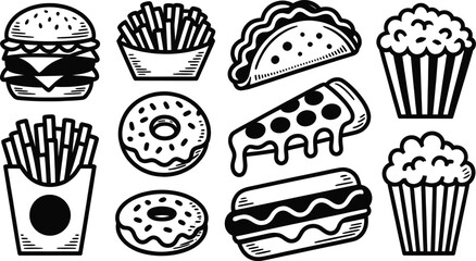 Black and white icons of various fast food items like burgers, fries, and tacos offer a versatile design element for menus or promotions.