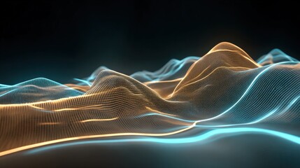 Abstract Landscape: Glowing Geometric Terrain with Dynamic Blue and Gold Lines, Digital Background