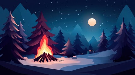 A tranquil night scene showcases a glowing campfire nestled among tall, stylized trees, with mountains in the background and a bright moon above a starry sky.