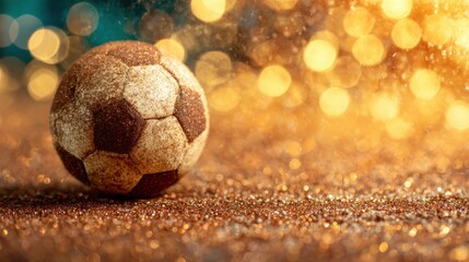 Fototapeta premium Soccer ball on a shiny surface with colorful lights at night