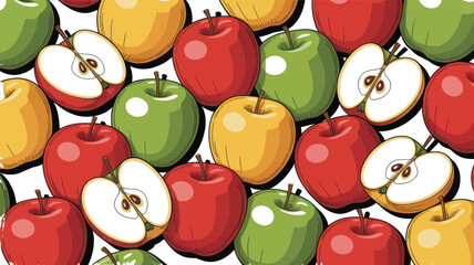 Assortment of whole and sliced red, green, and yellow apples creates a vibrant pattern ideal for healthy food marketing materials.