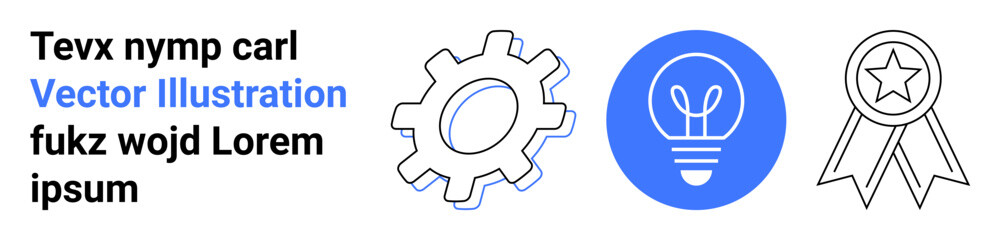 Innovation, creativity, problem-solving, design, achievement, recognition. Gear, lightbulb and award ribbon icons in blue and black design. Innovation and creativity in work and recognition concepts © robu_s