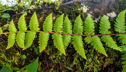 Close-up of vibrant green fern leaves on moss-covered log