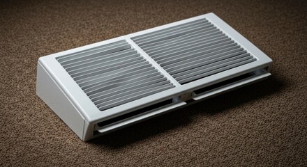 Rectangular, white air vent with parallel lines and slots on brown carpet