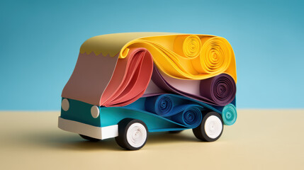 A colorful paper model of a truck, creatively designed with rolled paper elements, showcasing artistic craftsmanship and vibrant hues.